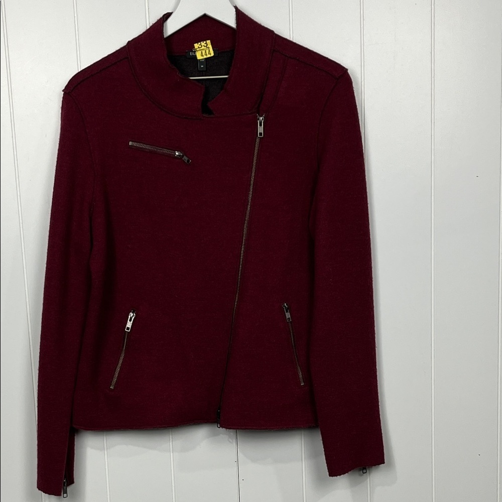 Eileen Fisher Womens Asym Zip Jacket M Burgundy  Zip Pockets 98% Merino Wool EUC